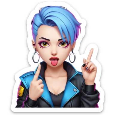 Woman with her tongue out in cyberpunk clothing and giving the middle finger. Looking naughty. sticker