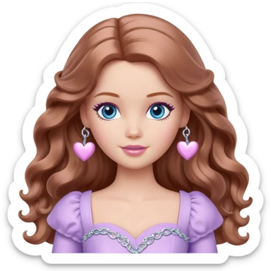 Barbie girl Chestnut long wavy hair and blue eyes is In pale purple clothes There are silver hearts all around sticker