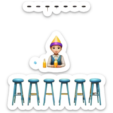 A 3D cartoon bar counter with tall stools, hanging yellow lights, and shelves filled with colorful bottles in the background. Smooth textures, warm ambient lighting, realistic reflections, dark background, Memoji-style design. sticker