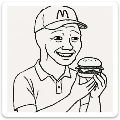 wojak meme style, McDonald's worker smiling, holding a burger, simple background sticker