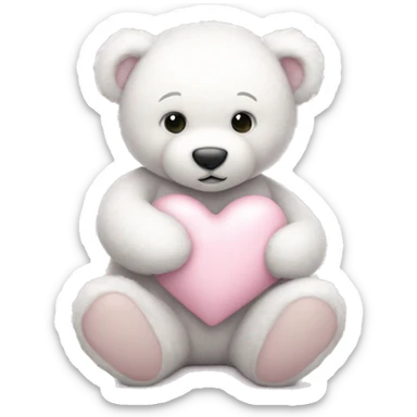 A cute, soft white teddy bear gently holding a pastel pink heart, exuding a sweet and gentle vibe.  sticker