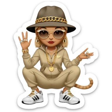 female cat walking upright, Run DMC hip-hop outfit, tracksuit, fedora, Adidas sneakers, dark sunglasses, many gold chains, bling accessories rings bracelets earrings sticker