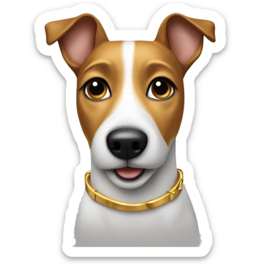A jack russel terrier dog with a golden collar sticker