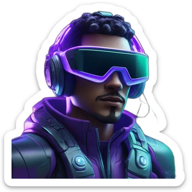 A hiperrealistc cyberwear futuristic metaverse Man playing with holograms cyberwear techwear green and purple neon perfect lights add a Futuristic cyberpunk metaverse headset sticker