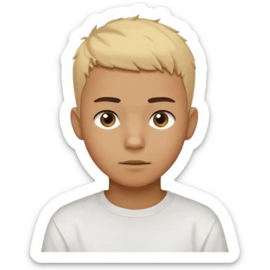 Short buzz, messy blonde hair. Dark brown bushy eyebrows large expressive golden-brown eyes, wearing a plain white t-shirt. Male Teenager. Brown skin color.  sticker
