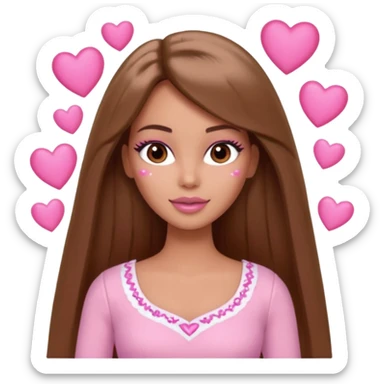 Barbie girl and  makeup , brown long straight hair and brown eyes is In pale pink clothes There are pink hearts all around sticker