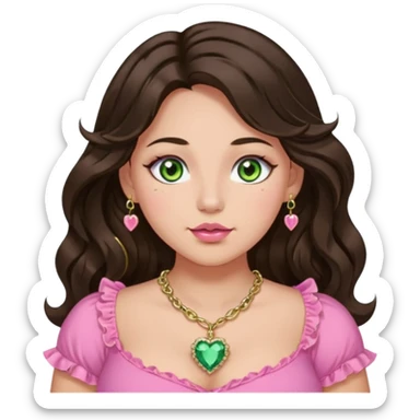 Girl long wavy dark brown hair with middle part. green gold eyes, plus size, pink frilly top, right nostril gold nose ring, small pink heart crystal necklace  sticker