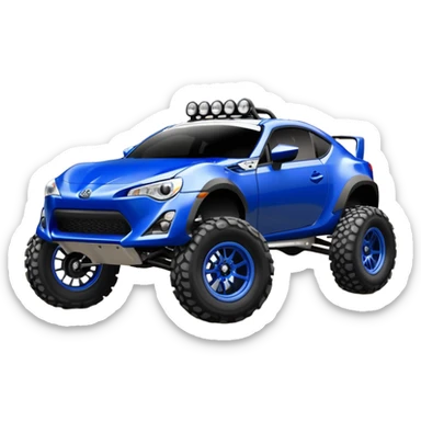Dirty raced redneck jacked 2013 scion fr-s ultramarine off road 4wd monster Baja dessert stadium rock racer number 86 with long travel suspension, shiny silver wheels, exaggerated wide black fender flares  sticker