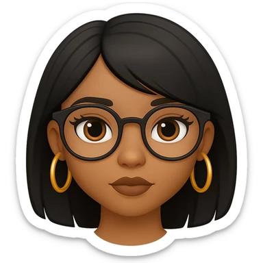 Add gold hoop earrings and stylish glasses to the light brown skin girl with small lips, black layered hair, and doe eyes in emoji style. sticker