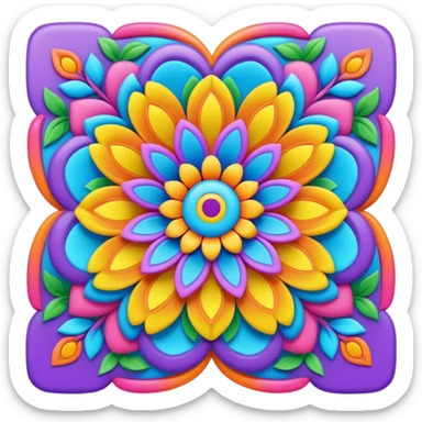 Create a 3D ultra detailed psychedelic colored square shaped hippie style flower border sticker