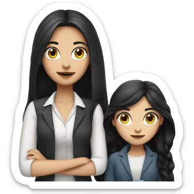 A girl with white skin and long black hair is a teacher with a cat sticker