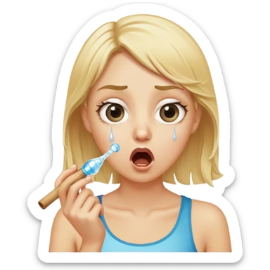blond woman with wide eyes, holding a skin-colored stick, water squirting from the stick into her mouth, shocked face sticker