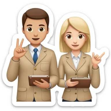 Two team members facing each other, one holding a notepad and the other gesturing, in a collaborative pose sticker
