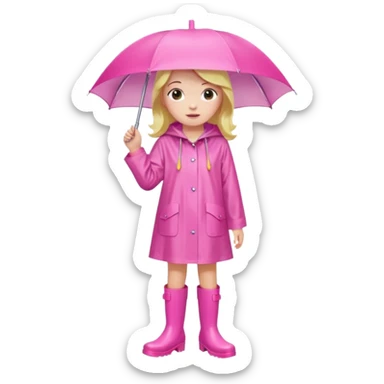 Girl in Pink wide dress raincoat pink rainboots in rain sticker