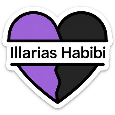 split black and purple heart, with 'Illarias Habibi' written across the middle in a modern font sticker