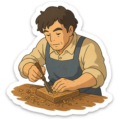 skilled artisan carving wood, ghibli style sticker