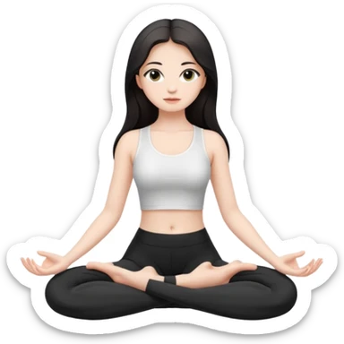 Девушка белокожая, с длинными темными волосами, в одежде для йоги - черные лосины, белый топ, сидит в позе лотоса, правильные пропорции тела, только человек sticker
