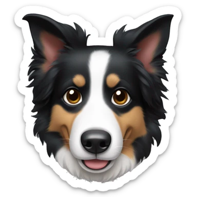 A border collie with folded ears, completely black hair, and very short hair sticking out her tongue sticker