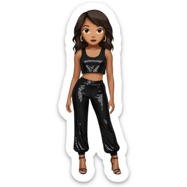 LeToya Luckett with long dark brown hair, black sequin crop top, black sequin pants sticker