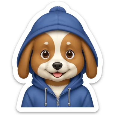 Dog wearing a hoodie and hat sticker