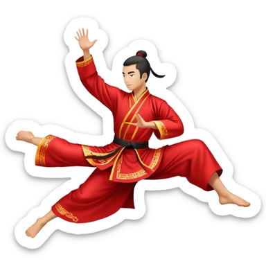 Emblem symbolizing Wushu martial arts. A graceful martial artist performs a dynamic kung fu pose, with flowing movements and a long, elegant robe. The background features stylized clouds and traditional Chinese symbols, representing fluidity, balance, and precision. Transparent background. sticker