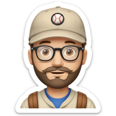 adventurer with small beard, glasses and backwards baseball cap sticker