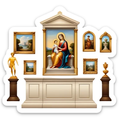 An icon featuring an elegant art gallery with classic paintings hanging on the walls, and sculptures displayed on pedestals. Visitors admire the exhibits, capturing the essence of culture, history, and art. Set against a transparent background. sticker