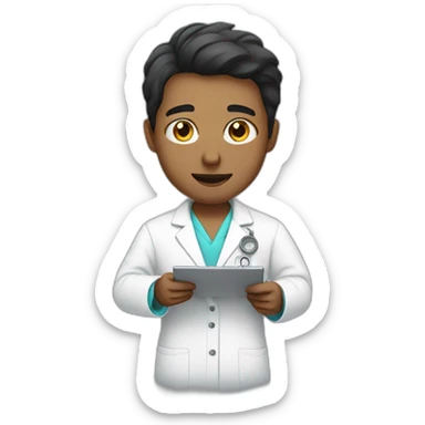  Person analyzing a product with a lab coat without glasses and black hair sticker