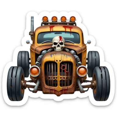 A mad max style hot rod in a zombie apocalypse, driving to the left. In the style of your bleeding skull art sticker