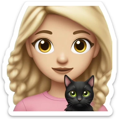 teenage girl with light brown hair, slightly wavy with volume, dark green eyes, long eyelashes, pretty face, scandinavian, wearing pink top, holding a cat with mostly black fur but also a little bit white fur sticker