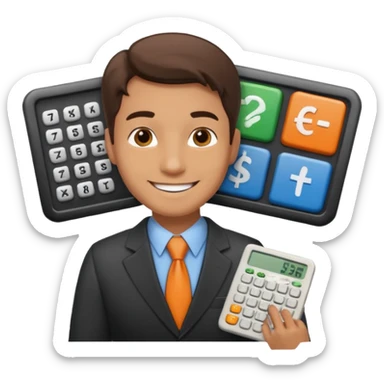 emoji, of a male AUDITOR smiling with Finance spreadsheet , a calculator,plus ADD A puzzle and a Balance for accounting. sticker
