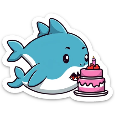 friendly shark with puckered lips kissing a decorated cake sticker
