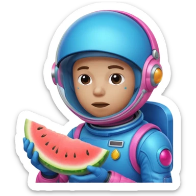 Neon pink and blue spaceman side eye eating melon looking suspicious sticker