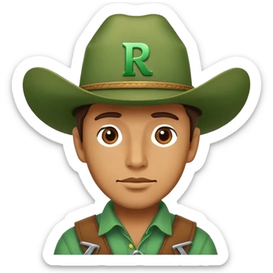 Cowboy wearing a green hat with letter R sticker