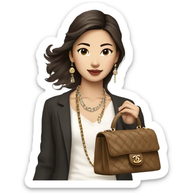 Realistic brown hair Chanel Asian Girl with Birkin bag and Chanel necklace sticker