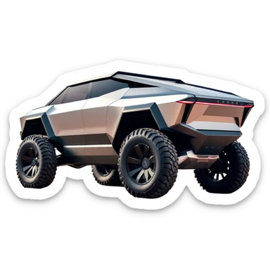 Tesla Cybertruck - A futuristic Tesla Cybertruck, angular and geometric with a sharp, triangular body shape. Stainless steel exoskeleton with a raw, unpainted, brushed-metal finish. A sleek, narrow LED light bar stretches across the entire front. Large, rugged off-road tires with exposed wheel arches. Smooth, handle-free doors and a slanted, armored rear with a retractable tonneau cover. Rear LED strip mirroring the front. The vehicle looks like a sci-fi-inspired, bulletproof stealth tank on wheels, set in a high-tech urban environment at sunset, with reflections on its metallic surface. sticker