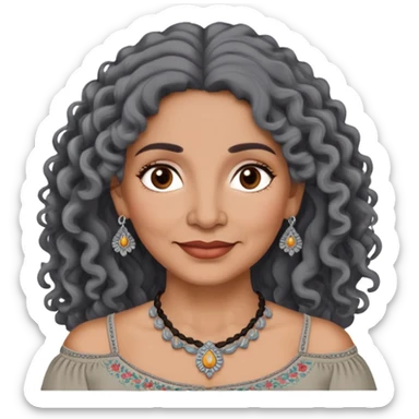 Latina woman, about 55 years old, dark warm brown skin, round soft face, long curly black and gray hair, no headband, medium eyes, thin eyebrows, gentle smile, gray peasant blouse with embroidery, bare shoulders, large dark necklace sticker