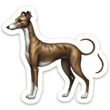 cinematic-[brindle greyhound]-realistic-full-body-standing-emoji,-tail-resting-loosely-beside-its-paws,-head-tilted-dramatically, -sleek-[dark brindle]-fur,-simplified-yet-realistic-focused-features,-highly-detailed,-glowing-with-an-almost-sarcastic-glow sticker