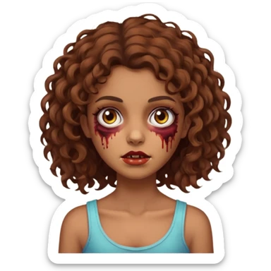 Faça uma garota zombie de cabelo cacheado castanho, olhos castanhos escuro e pele parda com o cabelo menos volumoso e no ombro sticker