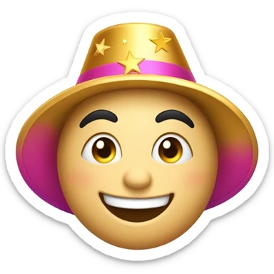 
Joyful emoji: Round face, big smile, sparkling crescent eyes, arched eyebrows. Golden stars near the eyes, colorful party hat tilted, rosy cheeks. with hat sticker