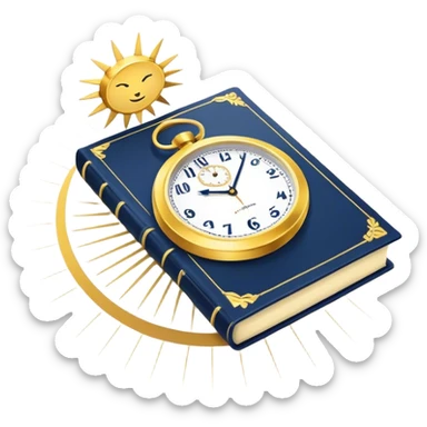 A navy blue productivity book with gold details, running clock and chart with upward trend aura, radiating productivity, strategy, and success in motion with time and happiness yellow... power in time sticker