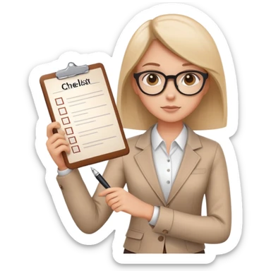 a person holding a checklist and pen, wearing smart casual clothing. The character is in a focused pose sticker