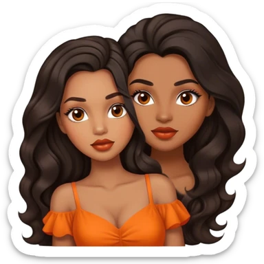 light brown skin tone, very beautiful woman, with big plump lips, long long lashes, black long wavy hair, middle hair parting, brown eyes, orange dress sticker
