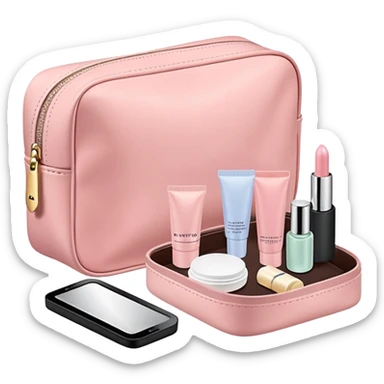Pastel pink cosmetic travel pouch with skincare minis, clean setup sticker