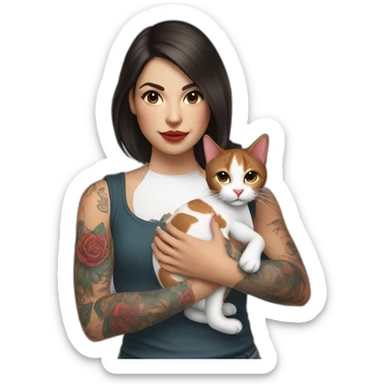 young tattooed brunette woman holding a red and white cat in her hands sticker