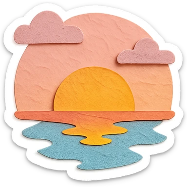 aesthetic morning sunrise, over calm water, pink and orange sky, peaceful atmosphere, in Paper Craft style sticker