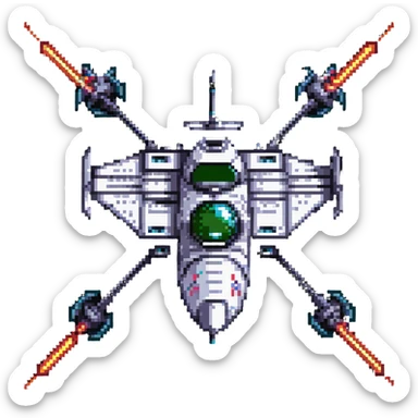 Retro-futuristic space cruiser with laser cannons sticker