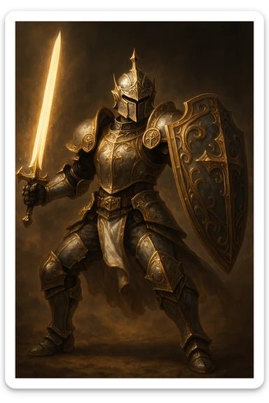 FFXI Paladin, ornate armor, holding shield, glowing sword, fantasy RPG style sticker