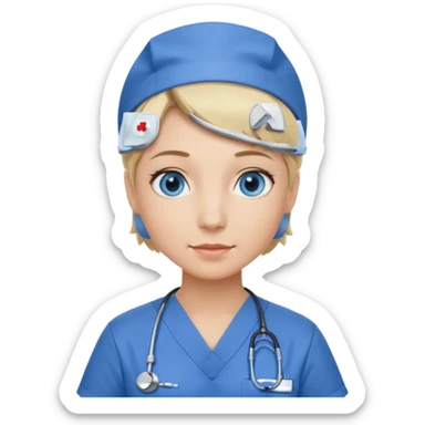 Nurse blue eyes short blond blue scrubs no hat sticker