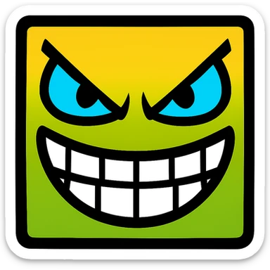 the 'harder' difficulty face from Geometry Dash, bold cartoon style, sharp eyes, mischievous grin, vibrant colors, no text sticker
